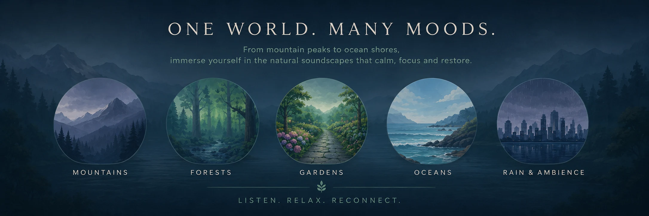One world, many moods: mountains, forests, gardens, oceans, rain and ambience
